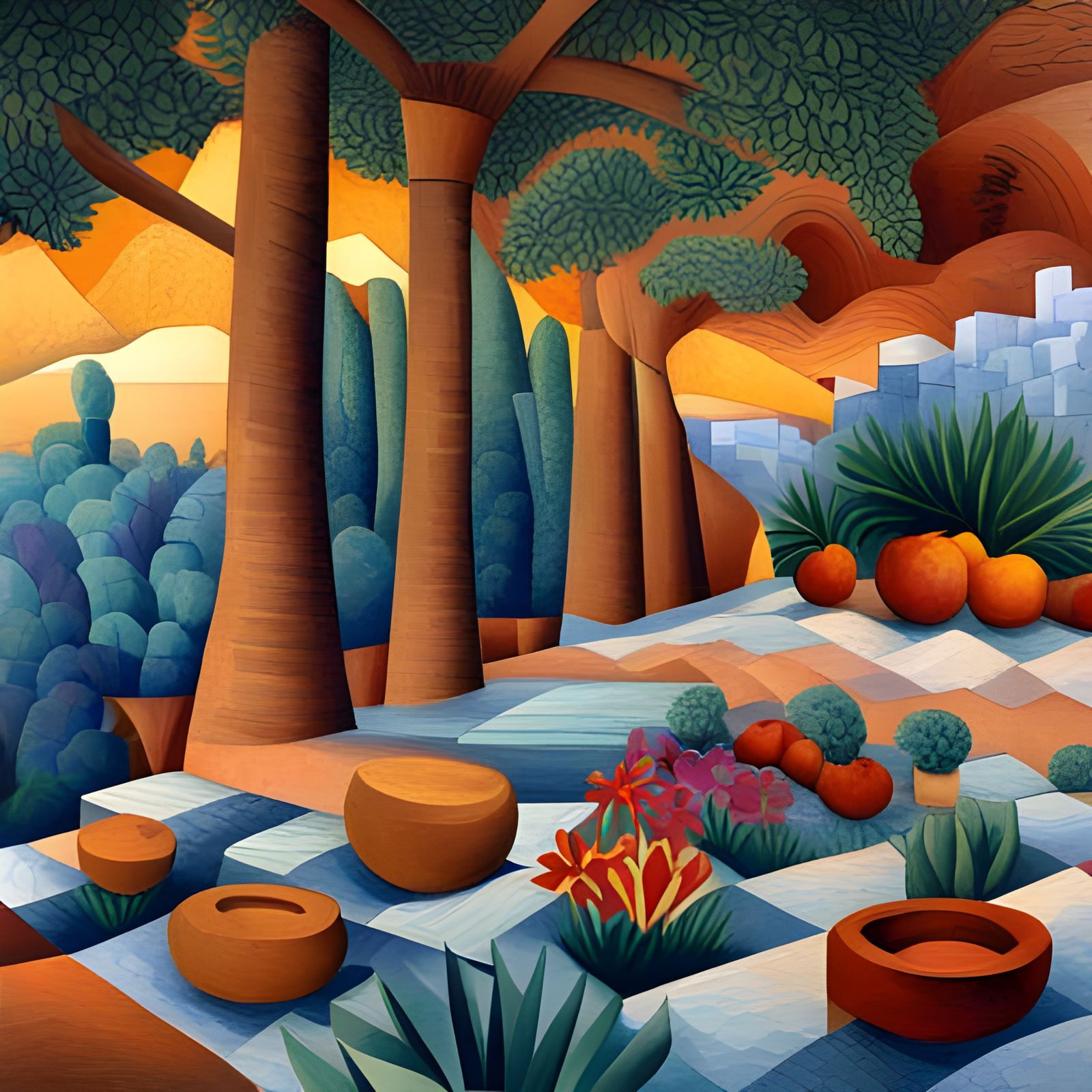 Mexican Garden in Cubist Mosaic Style