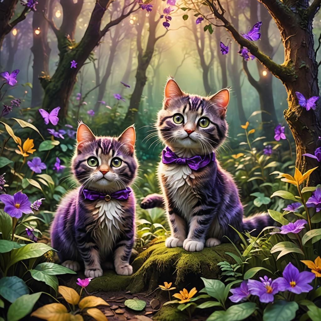 Fantasy Art: Kittens Playing in Mystical Forest