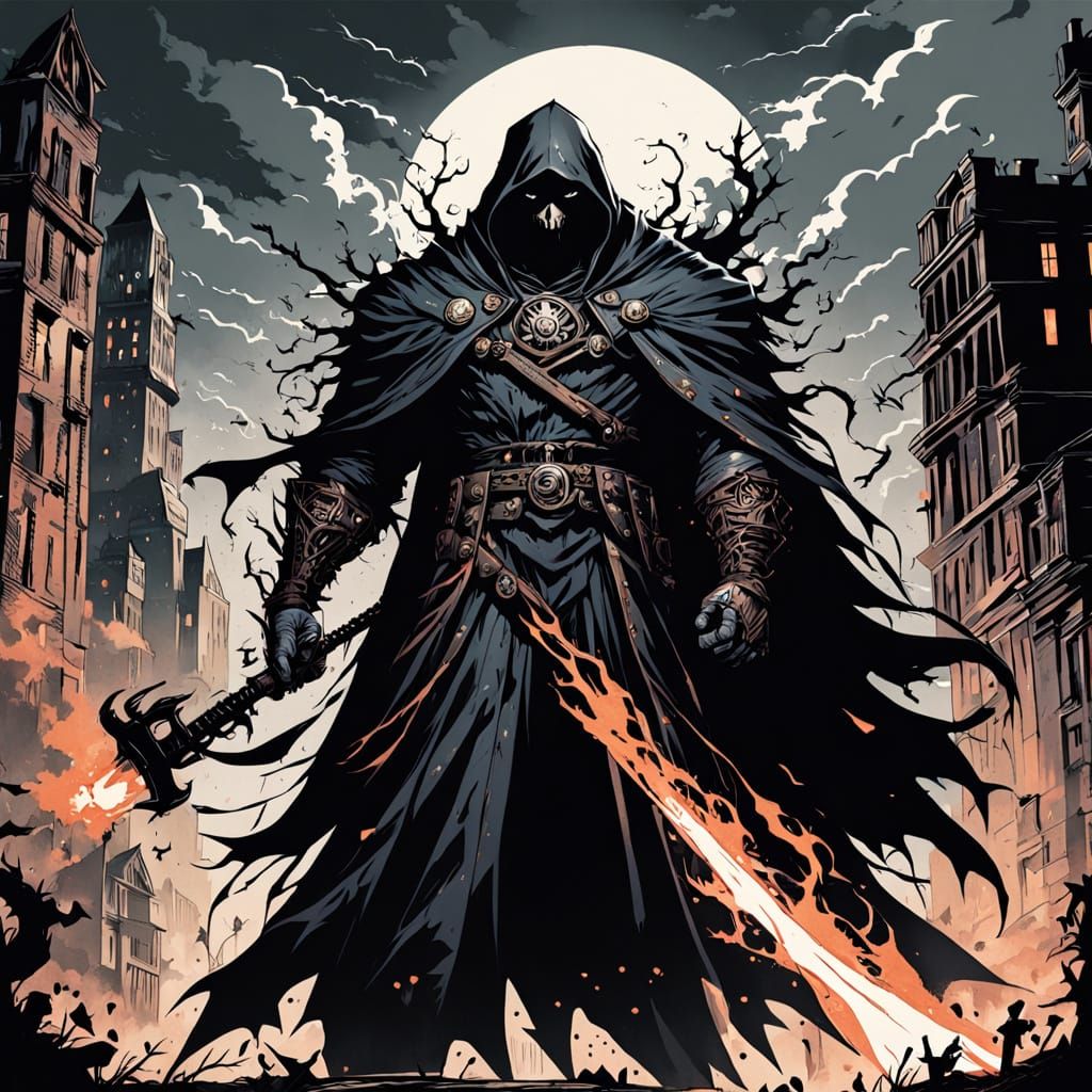 Gothic Villain Towers Over Ruined Cityscape in Dark, High-Co...