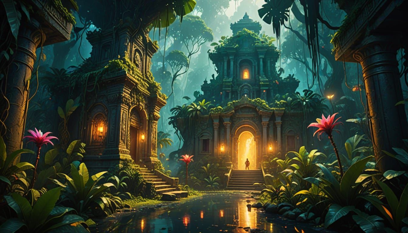 Explorers Discover Hidden City in Vibrant Jungle Concept Art