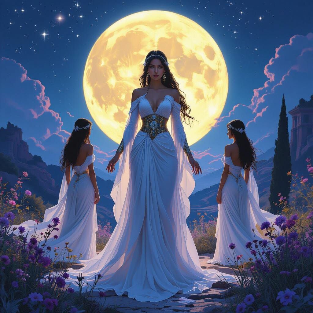 Ethereal Moon Goddess in Grecian Landscape