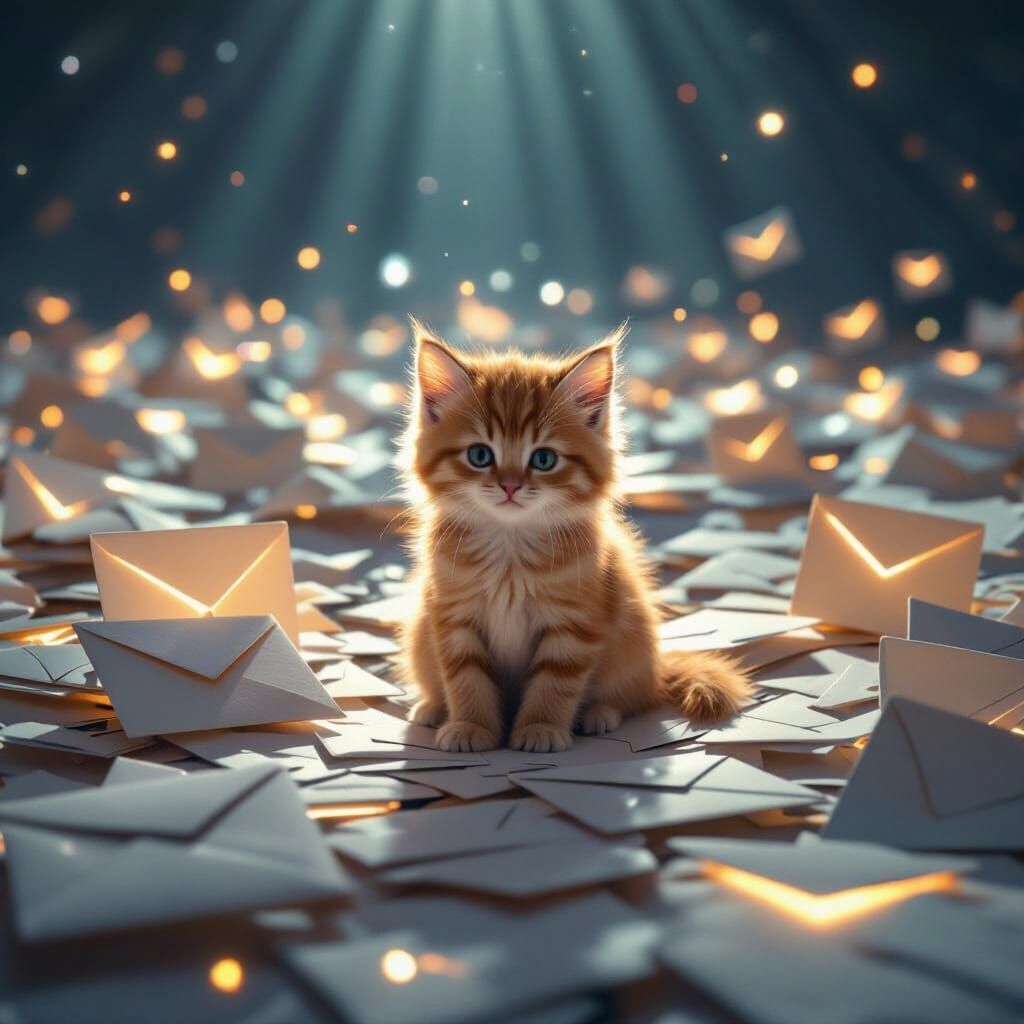 Fluffy Kitten in Glowing Email Sea