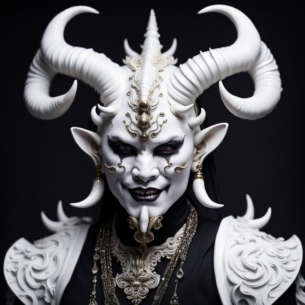 Porcelain Oni with Ornate Horns and Goth Makeup