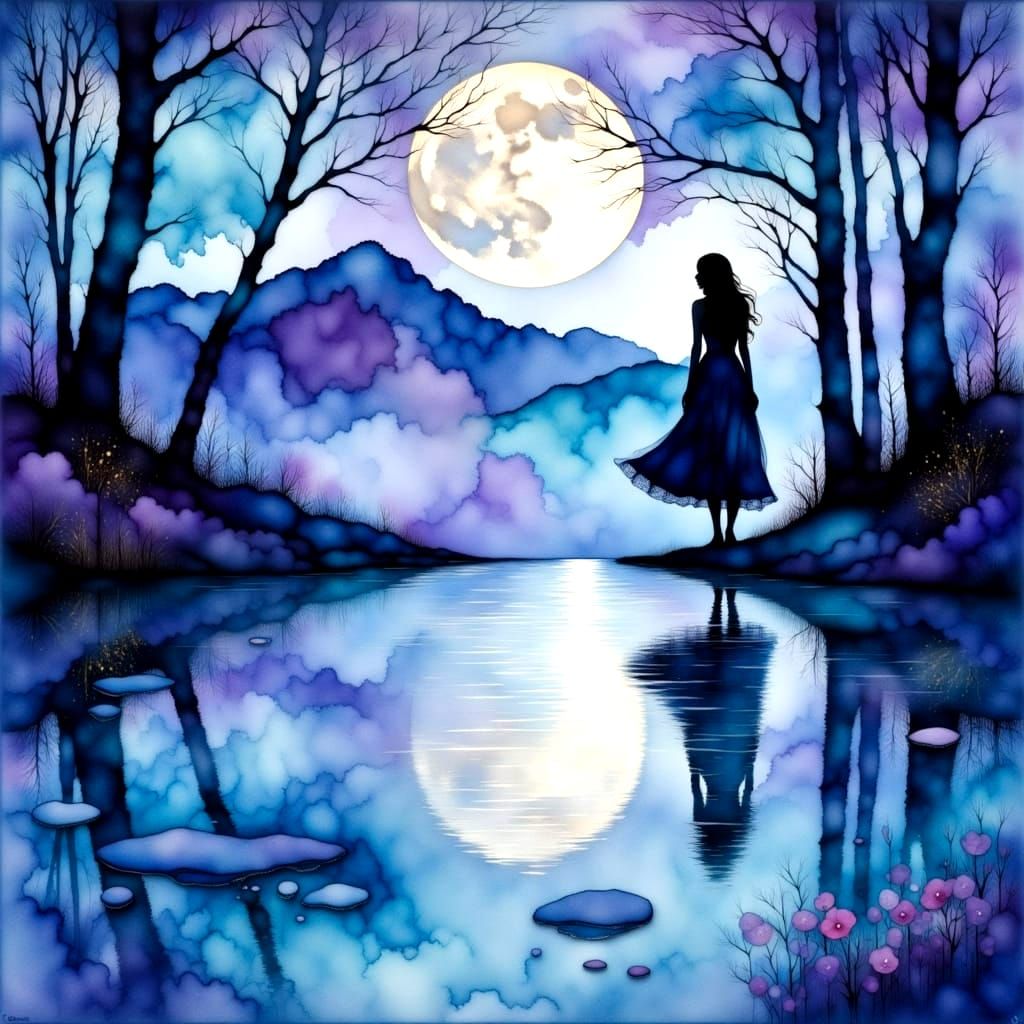 Moonlit Dreamscape in Ethereal Watercolor