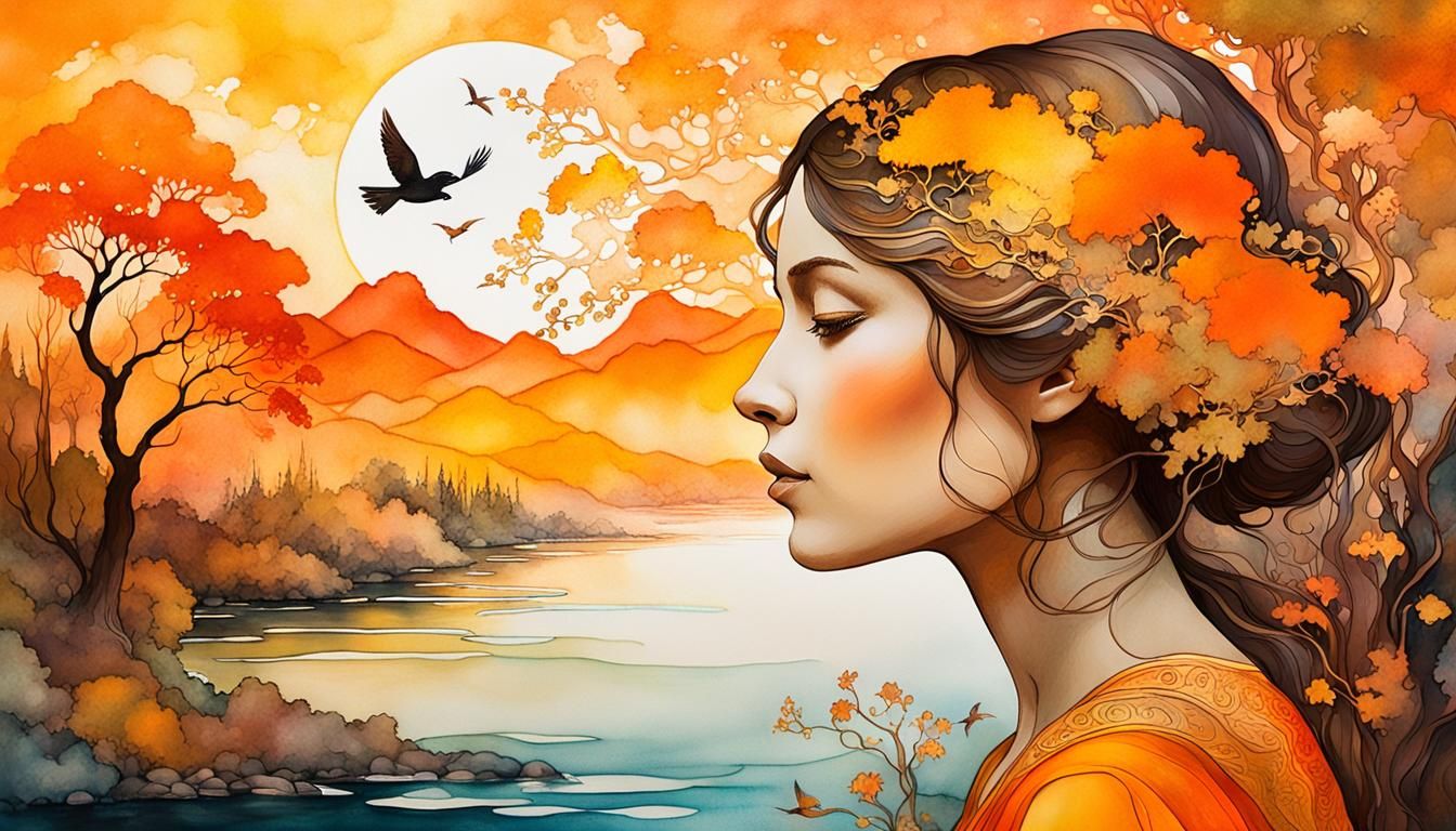 Surreal Portrait: Woman Merging with Golden Forest