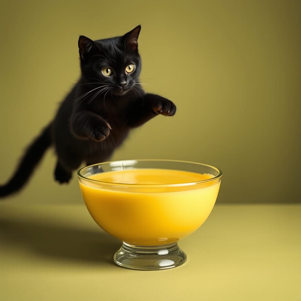 A black cat leaping into a bowl of yellow custard