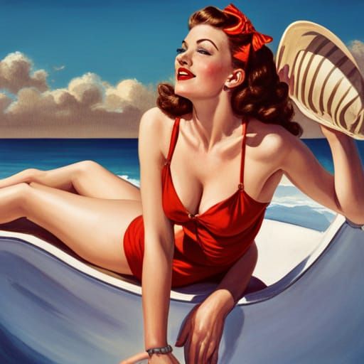 pin up in bikini laying on a sunny beach  in Norman Rockwell style Close-up portrait