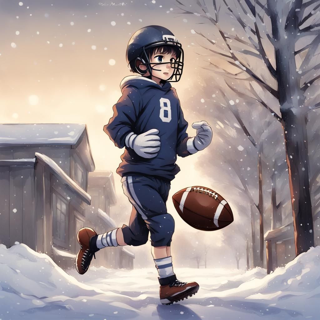 Kids Play Football on Snowy Day: Anime Style