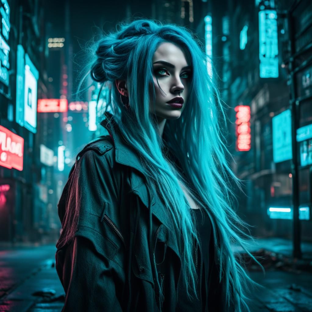 Mysterious Cyan-Haired Girl in Cyberpunk Cityscape