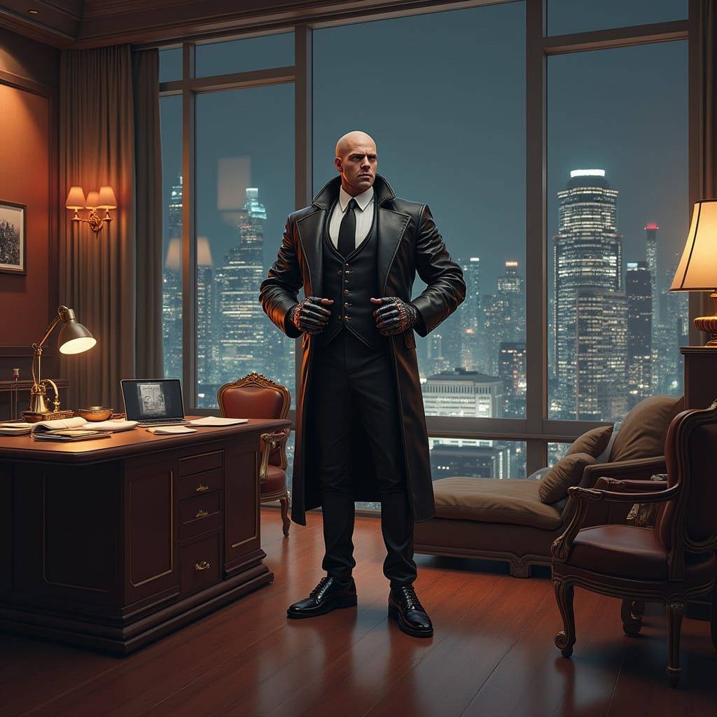 Tactical Superhuman CEO in Opulent Cyberpunk Office