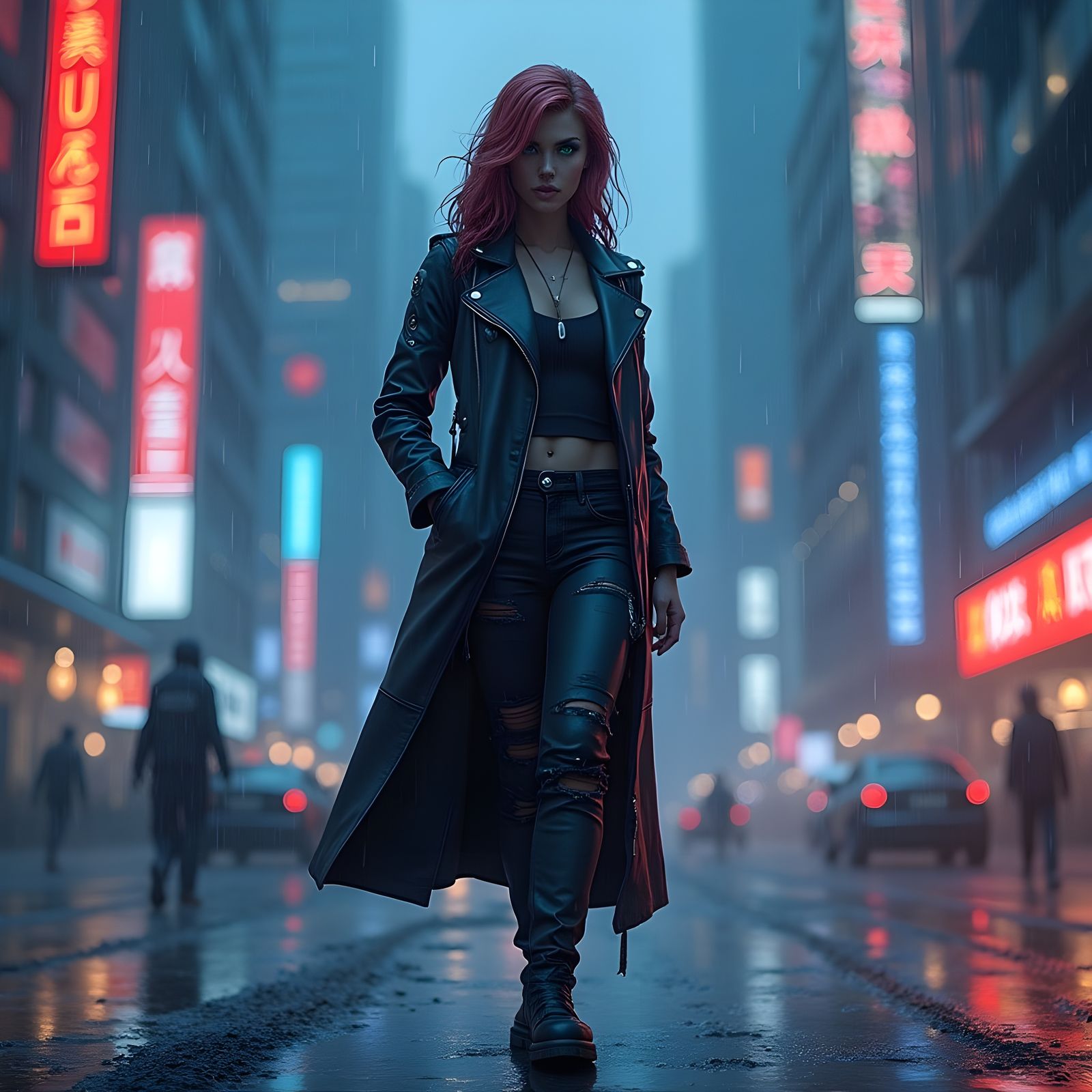 Cyberpunk Protagonist in Rainy Cityscape