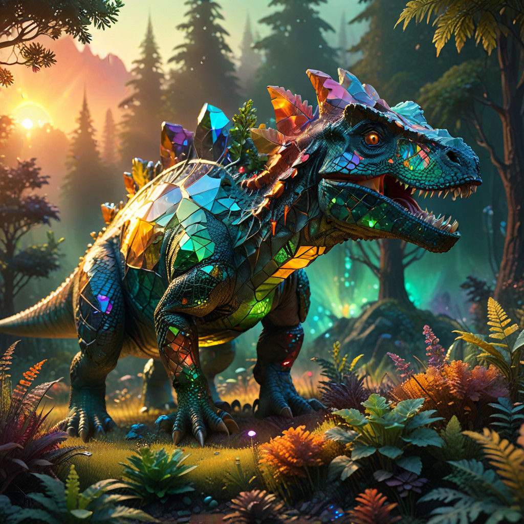 Gemstone Realm: A Futuristic Dinosaur in Emerald Mist