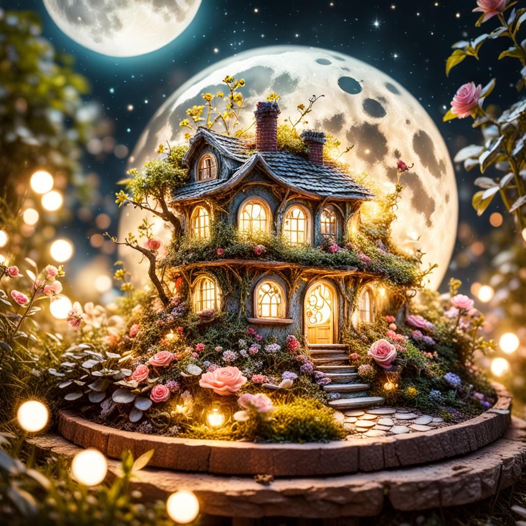 Whimsical Fairy House in Moonlit Garden