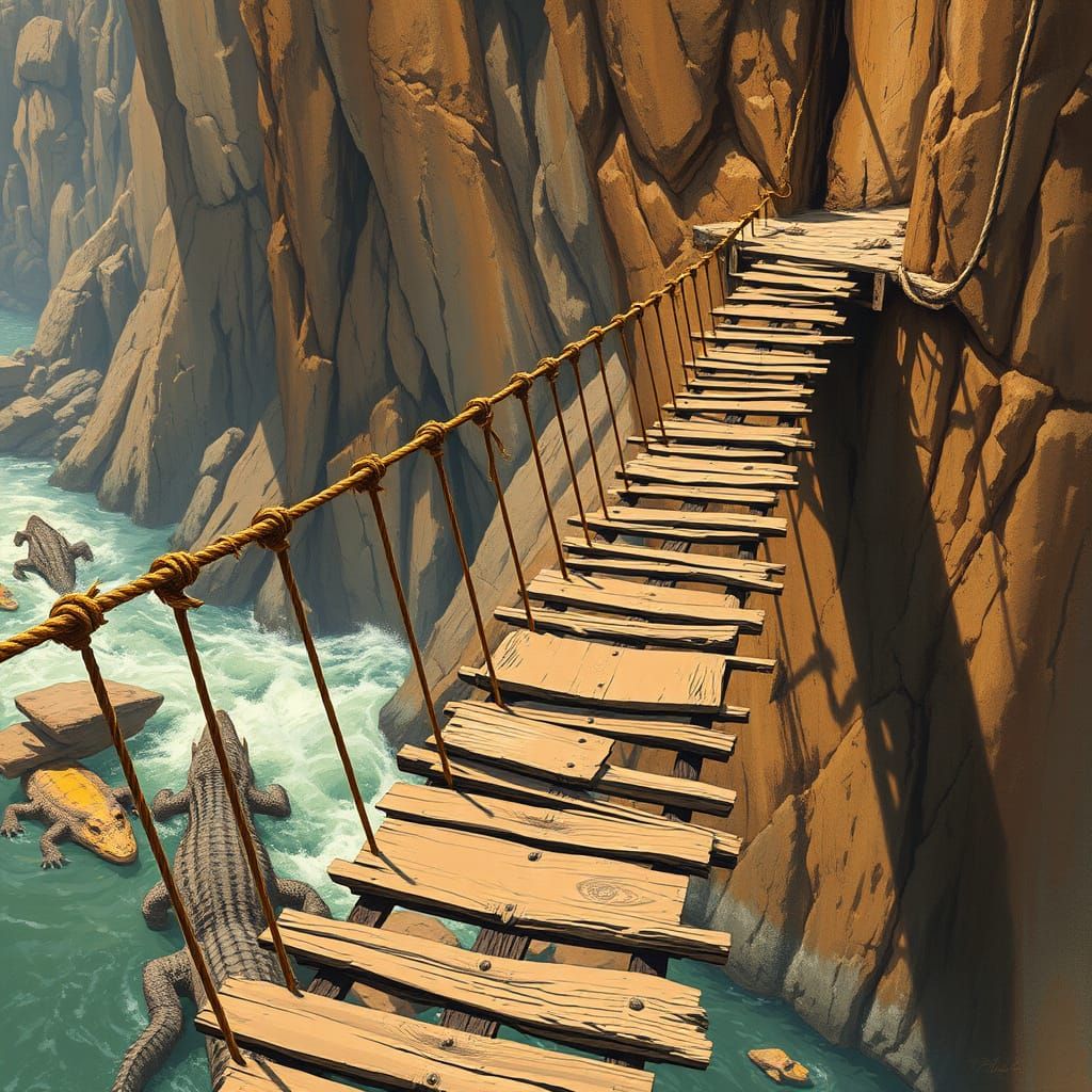 Turbulent Bridge Crossing in a Classic Pulp Adventure Style