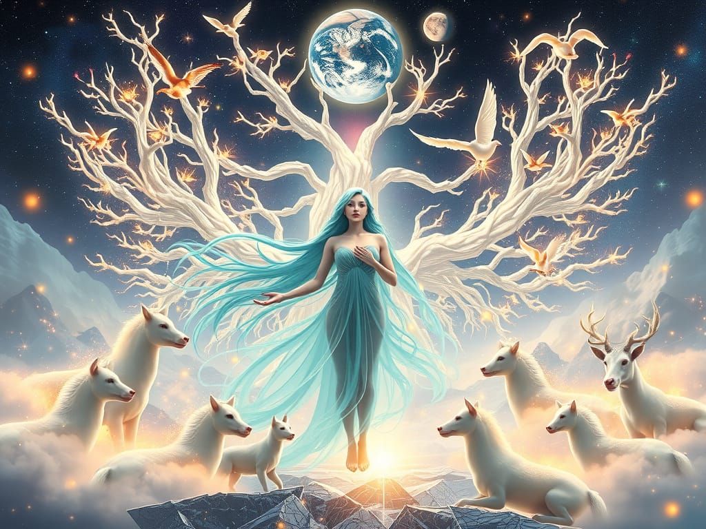 Divine Feminine Figure in Cosmic Landscape: Anime Art