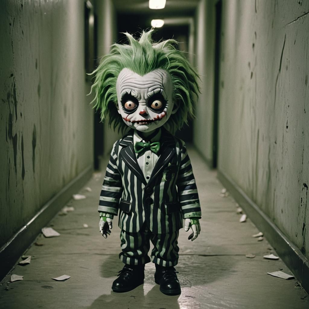 Creepy Chibi Beetlejuice in Ominous Hallway