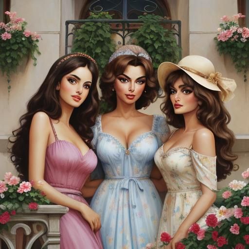 Portraits of Three Italian Women on Balcony