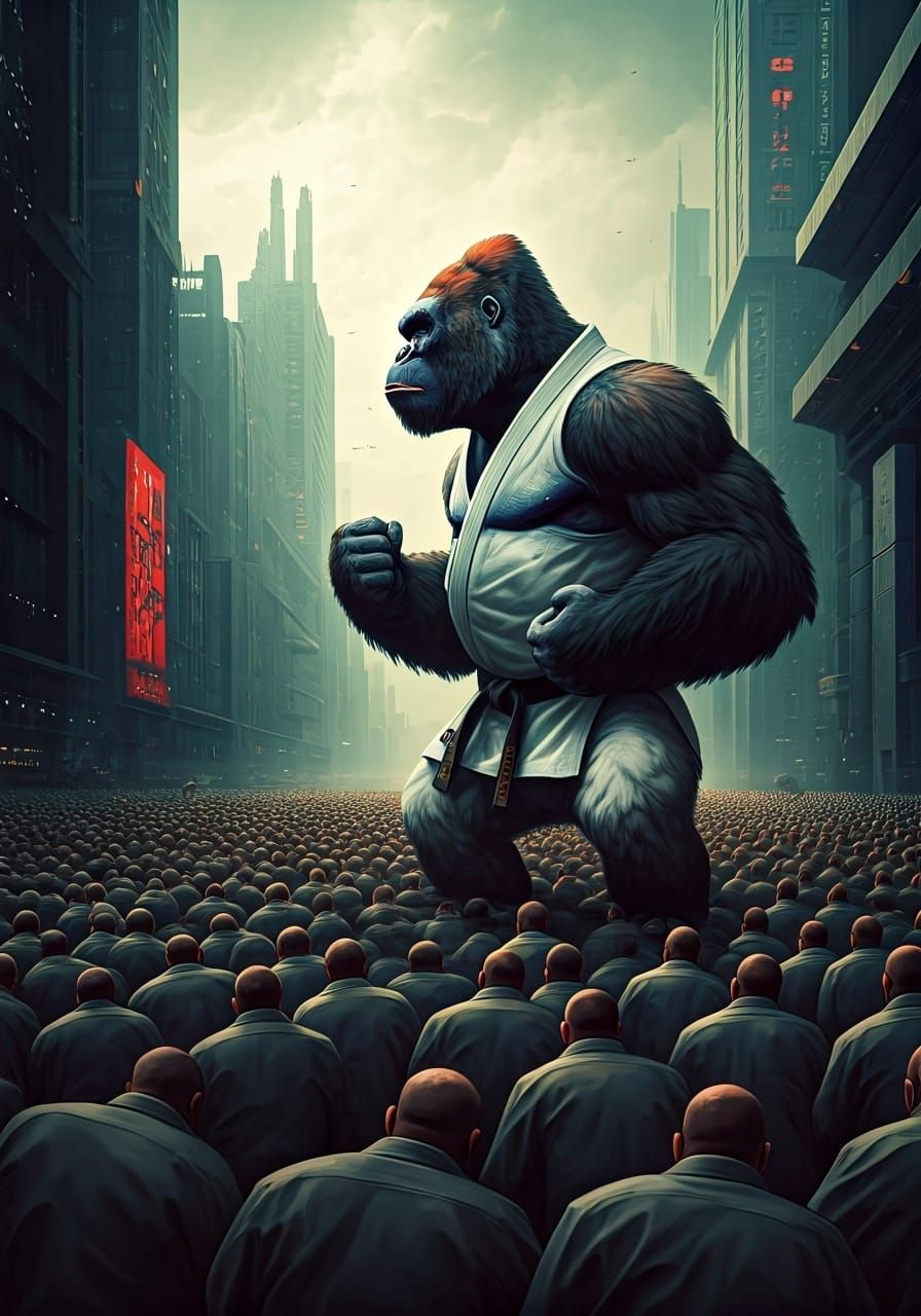 Gorilla Karate Master in Dystopian Cityscape