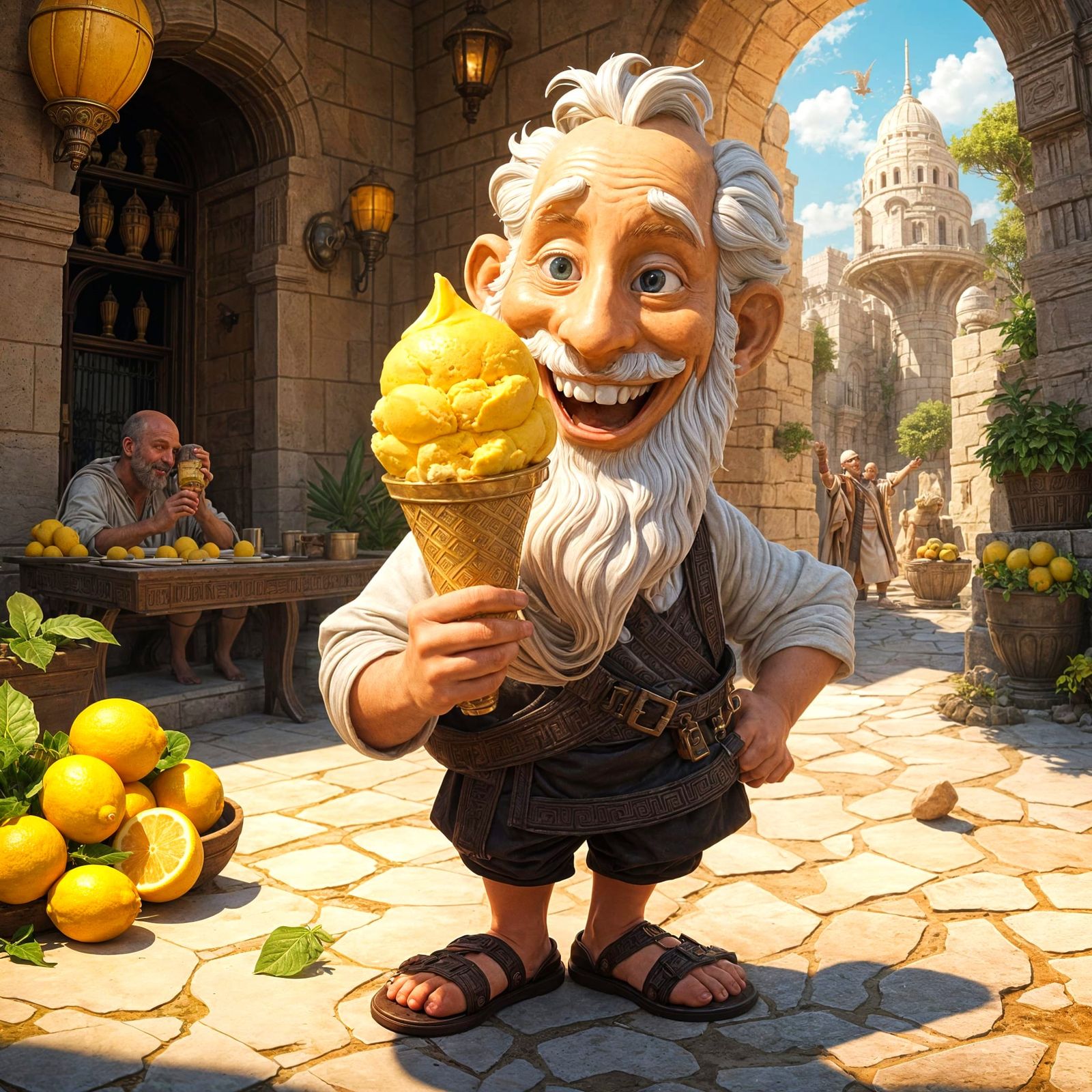 Eureka! 
With a big smile of glee bald Ancient Greek scholar...