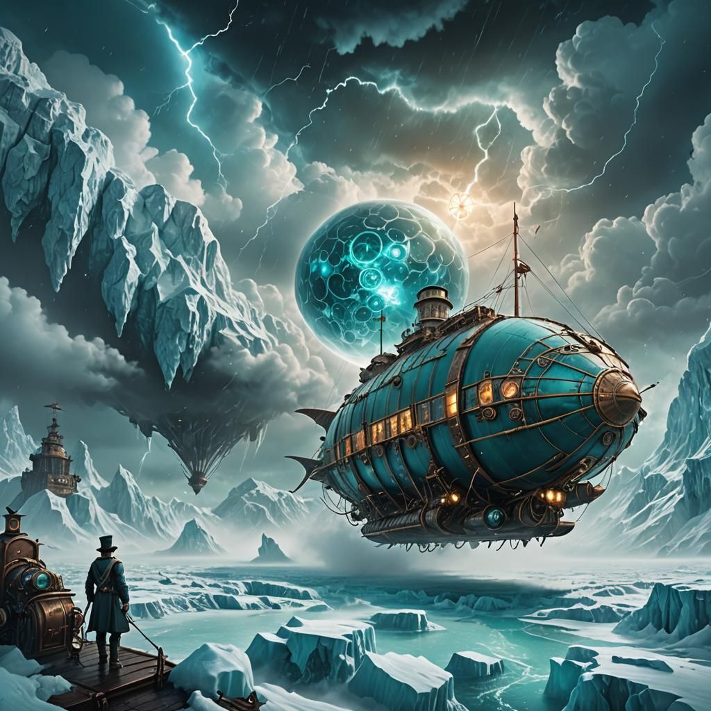 Steampunk Airship Over Arctic Ice Planet