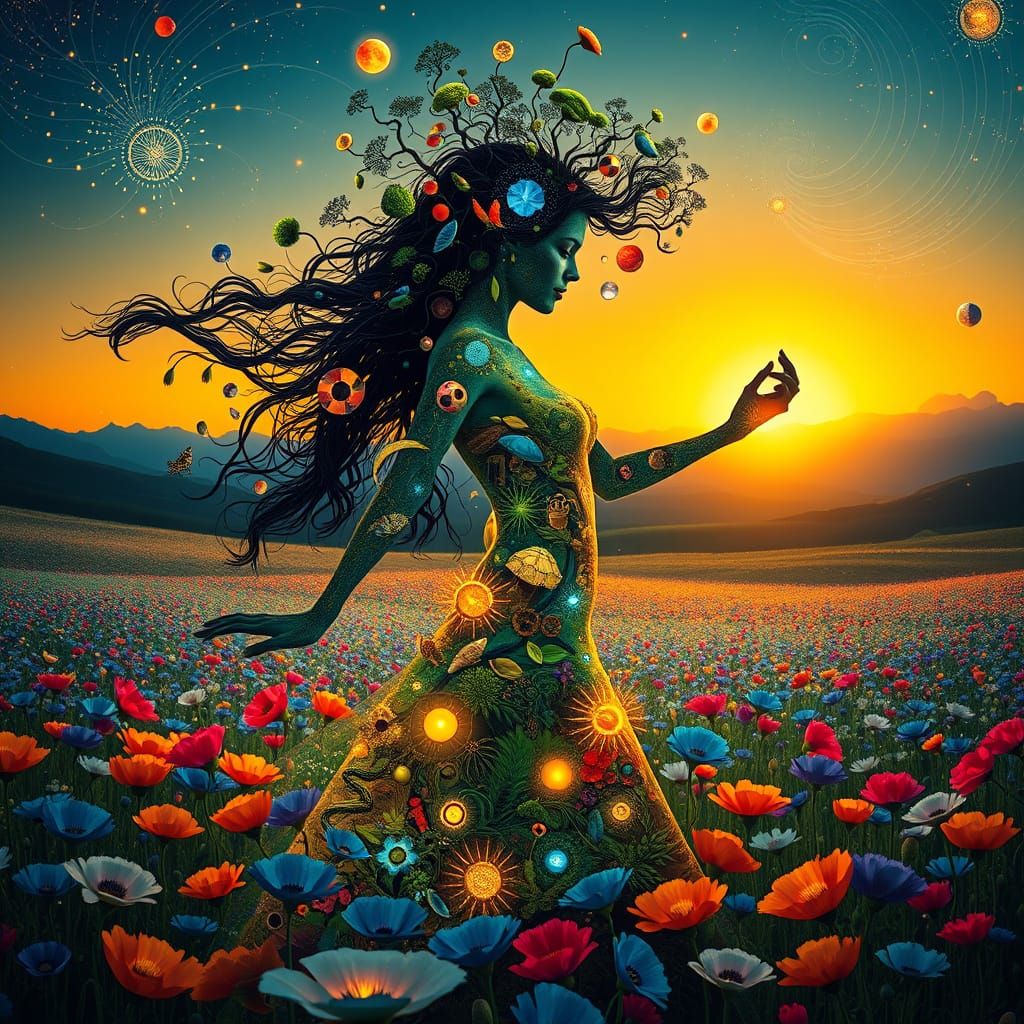 Surreal Landscape Goddess in Vibrant Ecosystems with Glowing...