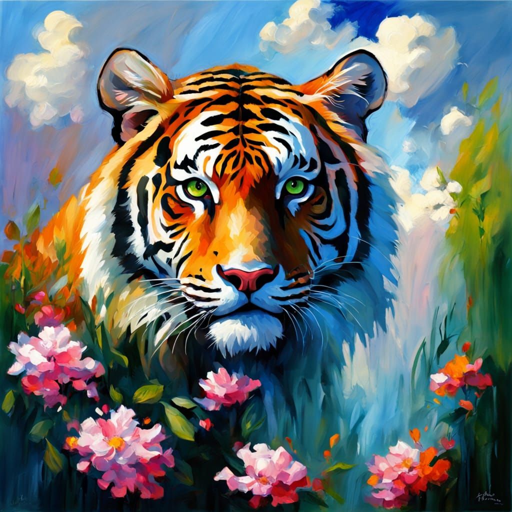 Impressionistic Tiger Emerges From Water in Vivid Colors