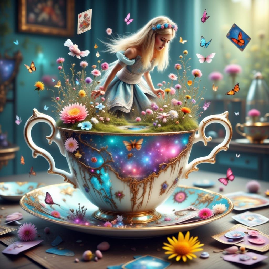 Alice Falling Through Cosmic Teacup in Surreal Fantasy Style