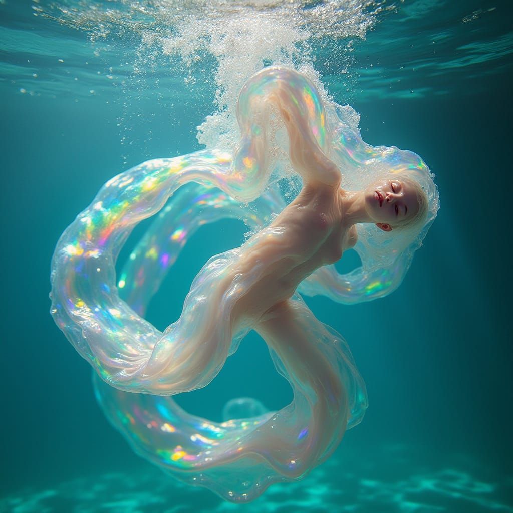 Gelatinous Humanoid Twisting Through Turquoise Waters