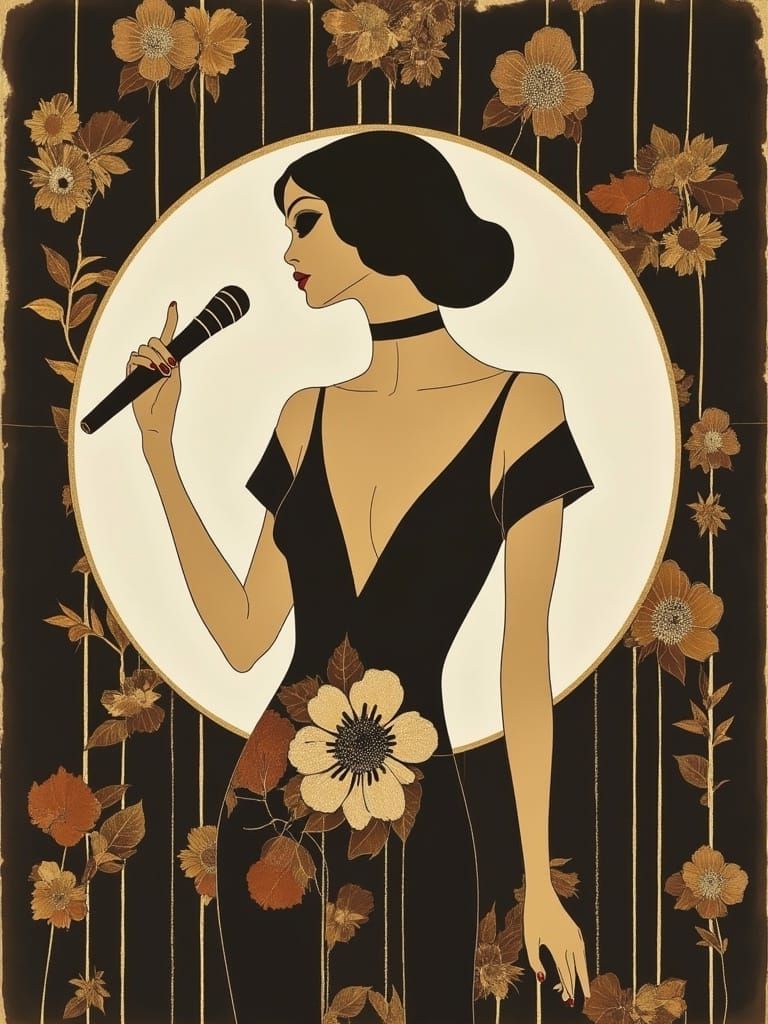 Vibrant Floral Gardenia in Black, White, and Gold Art Deco S...