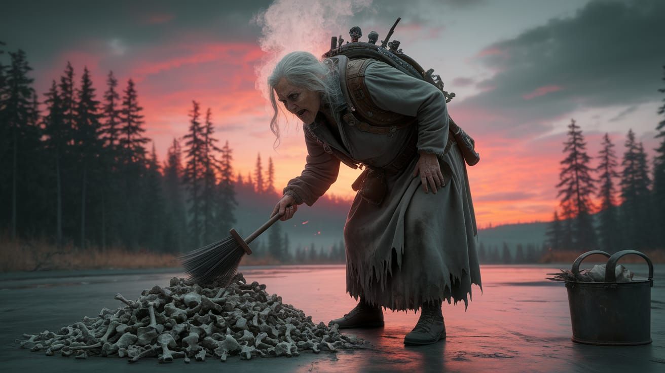 Old Woman Sweeping Bones in Cyberpunk Twilight