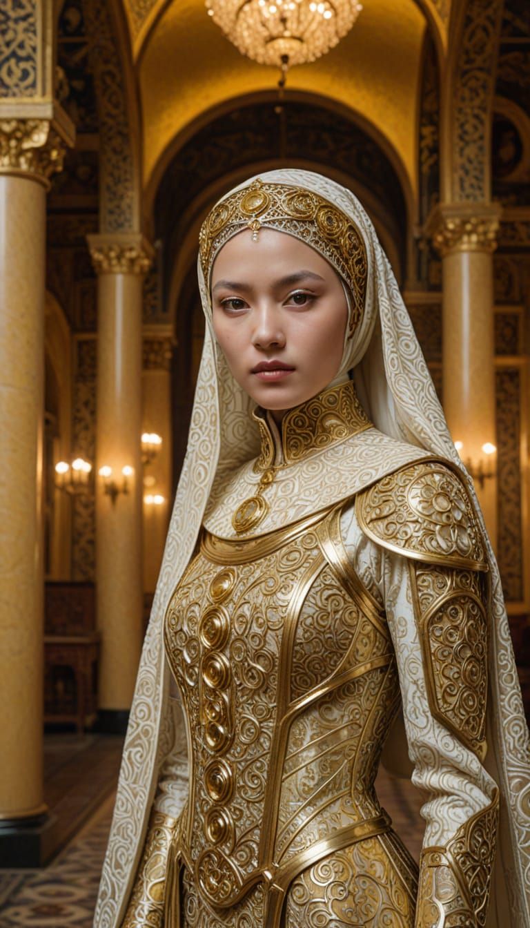 Elegant Mongol Woman in Golden Exoskeleton