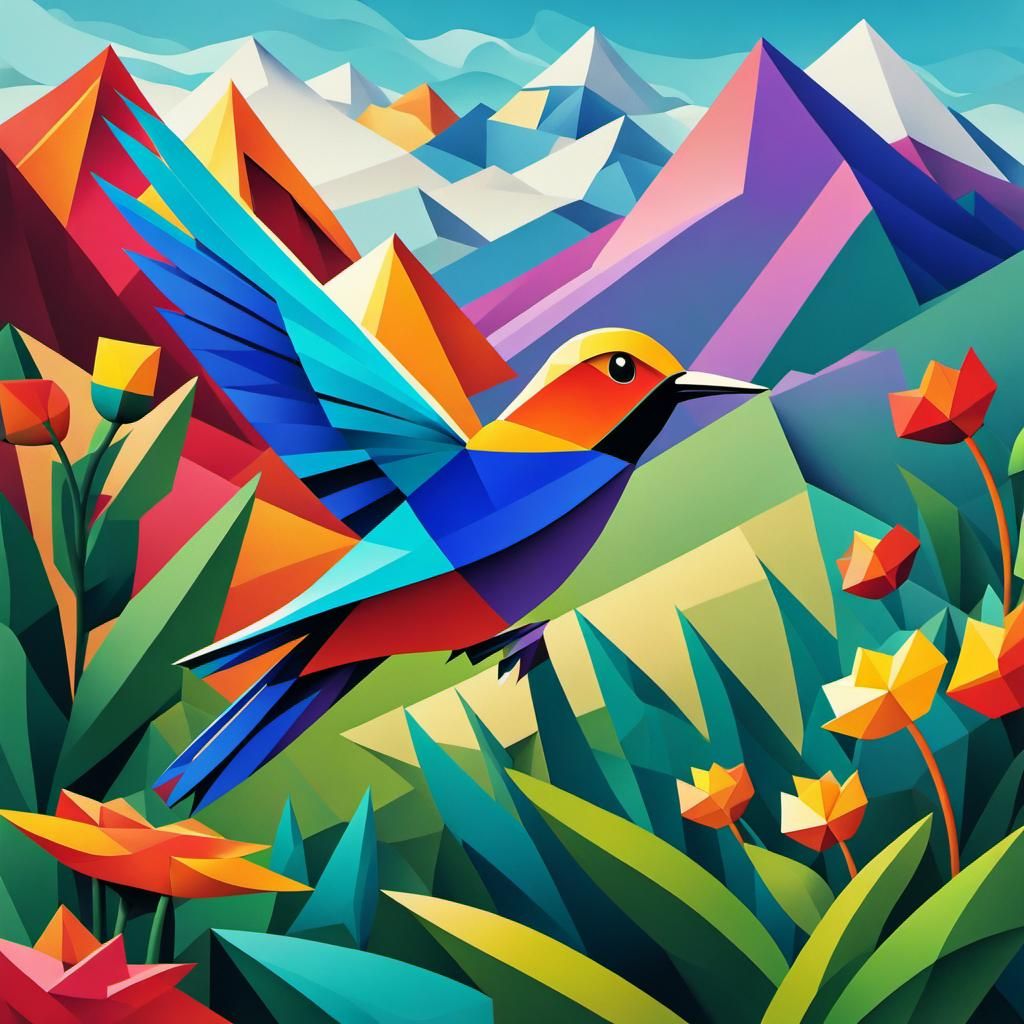 Cubist Hummingbird and Flower in Geometric Fauvism