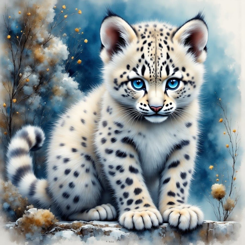 Adorable Snow Leopard Cub in Watercolor Style