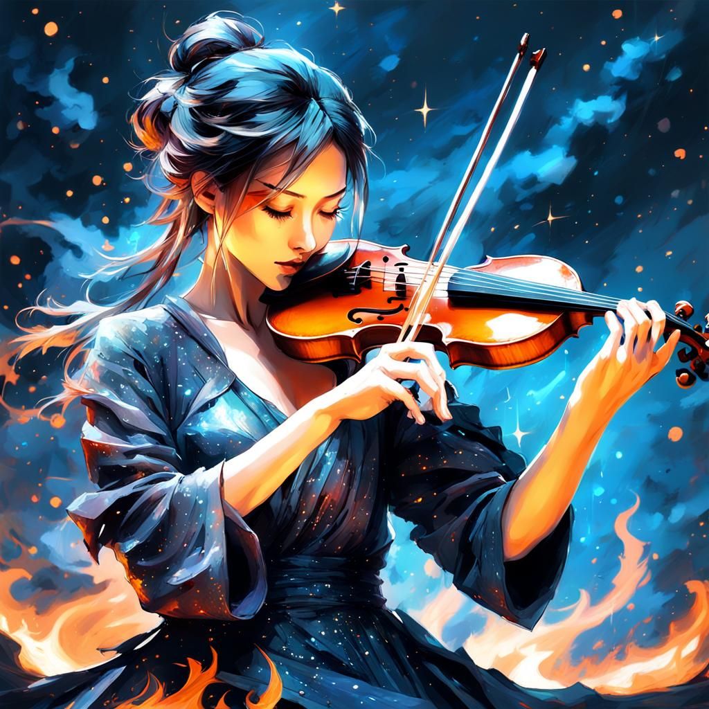 Carbon Violinist Under Bioluminescent Starry Skies