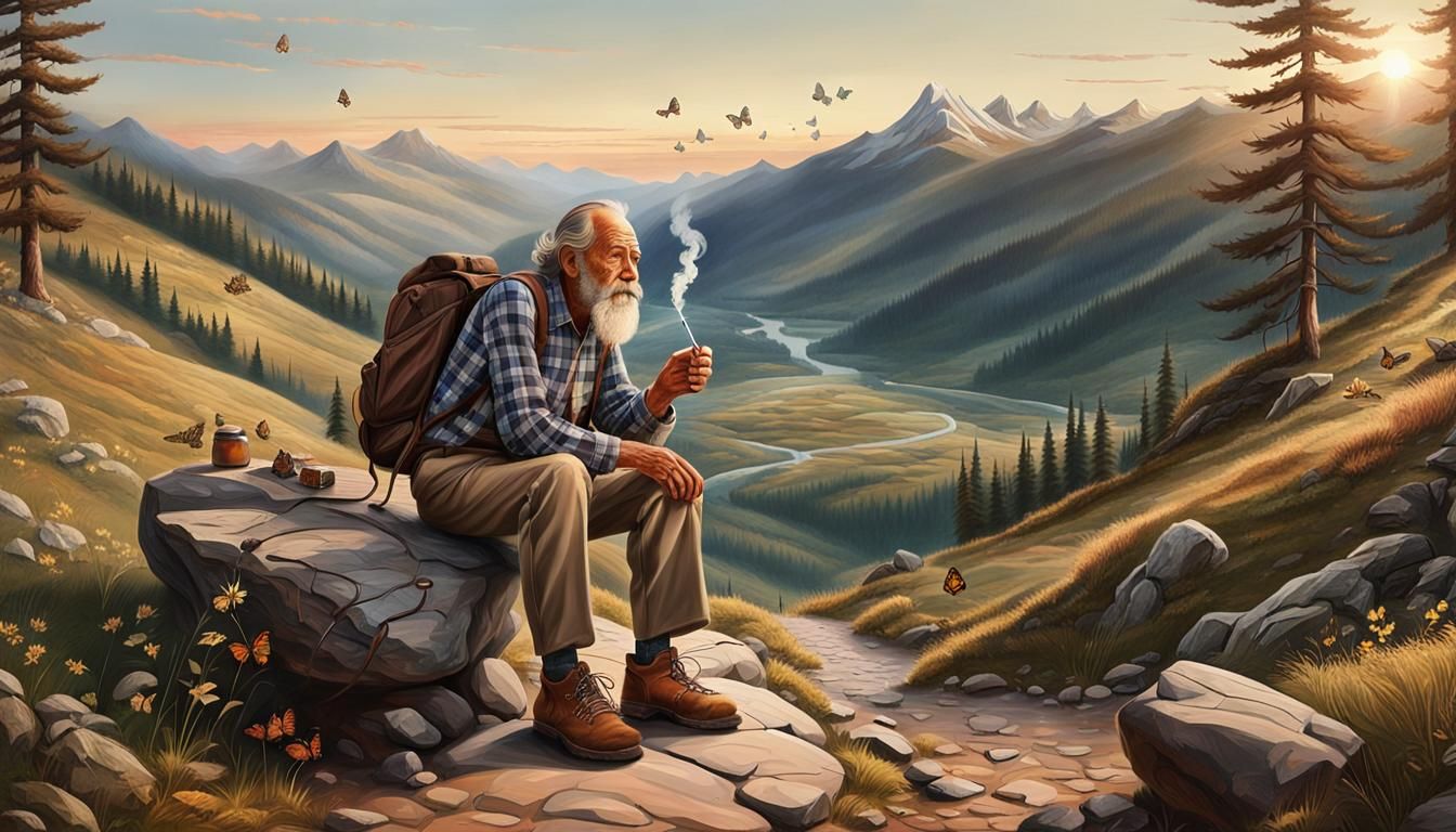 Mountain Landscape with Elderly Man Smoking Pipe