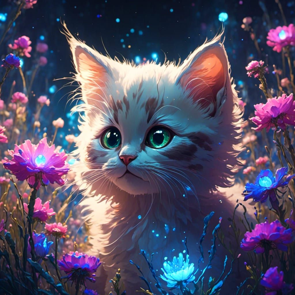 Bioluminescent Kitten with Flowers in Detailed Digital Paint...