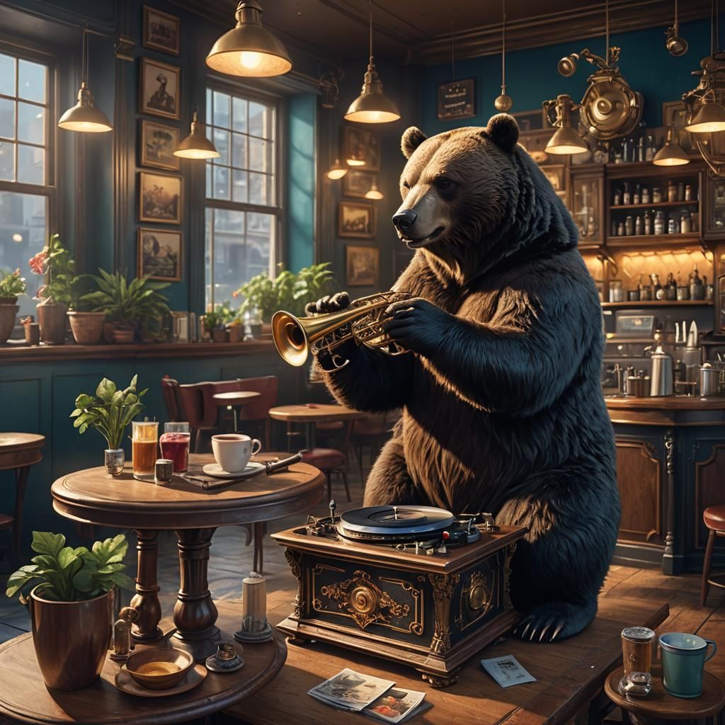 Bear Playing Jazz in Cafe: Detailed Matte Painting