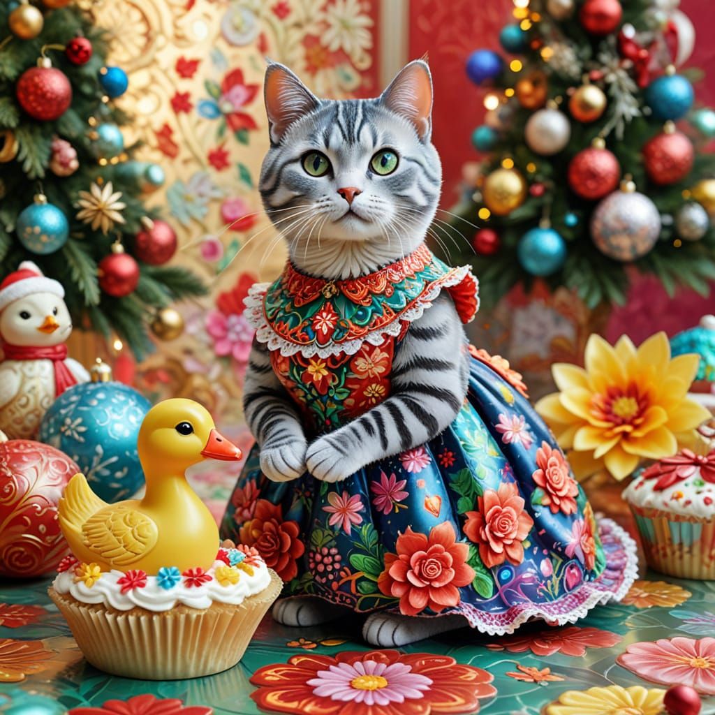 Cat in Ornate Christmas Dress with Floral Patterns