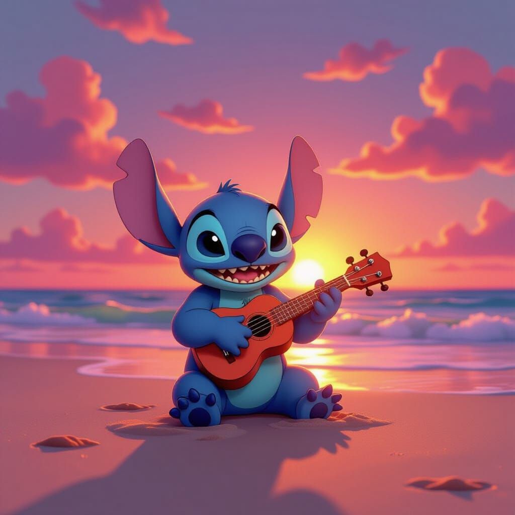 Stitch Playing Ukulele on Tropical Beach at Sunset