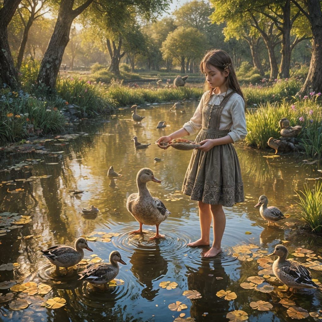 Duckpond Scene with Girl Feeding Ducks: Fantasy Art