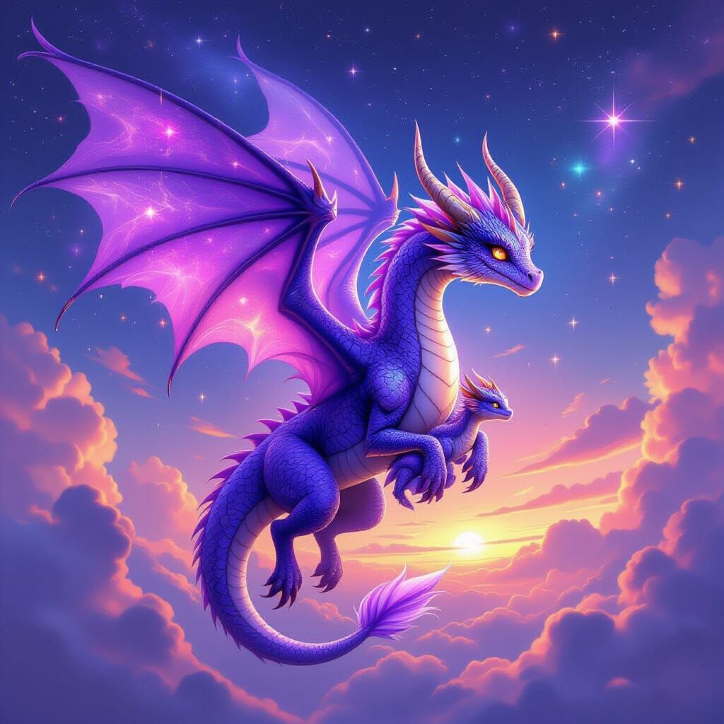 Cosmic Dragon Mother and Baby in Ethereal Style