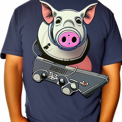 Pig Gamer on Navy Shirt in Comic Book Style