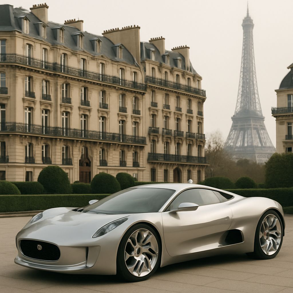 Silver Jaguar C-X75 in Paris with Eiffel Tower