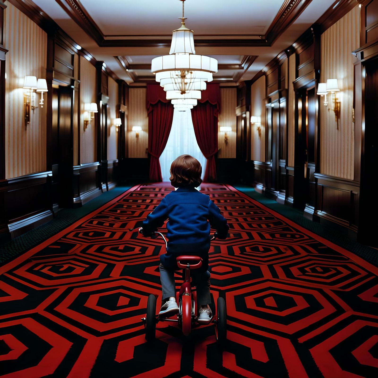 Danny Torrance riding in the hall of Overlook Hotel