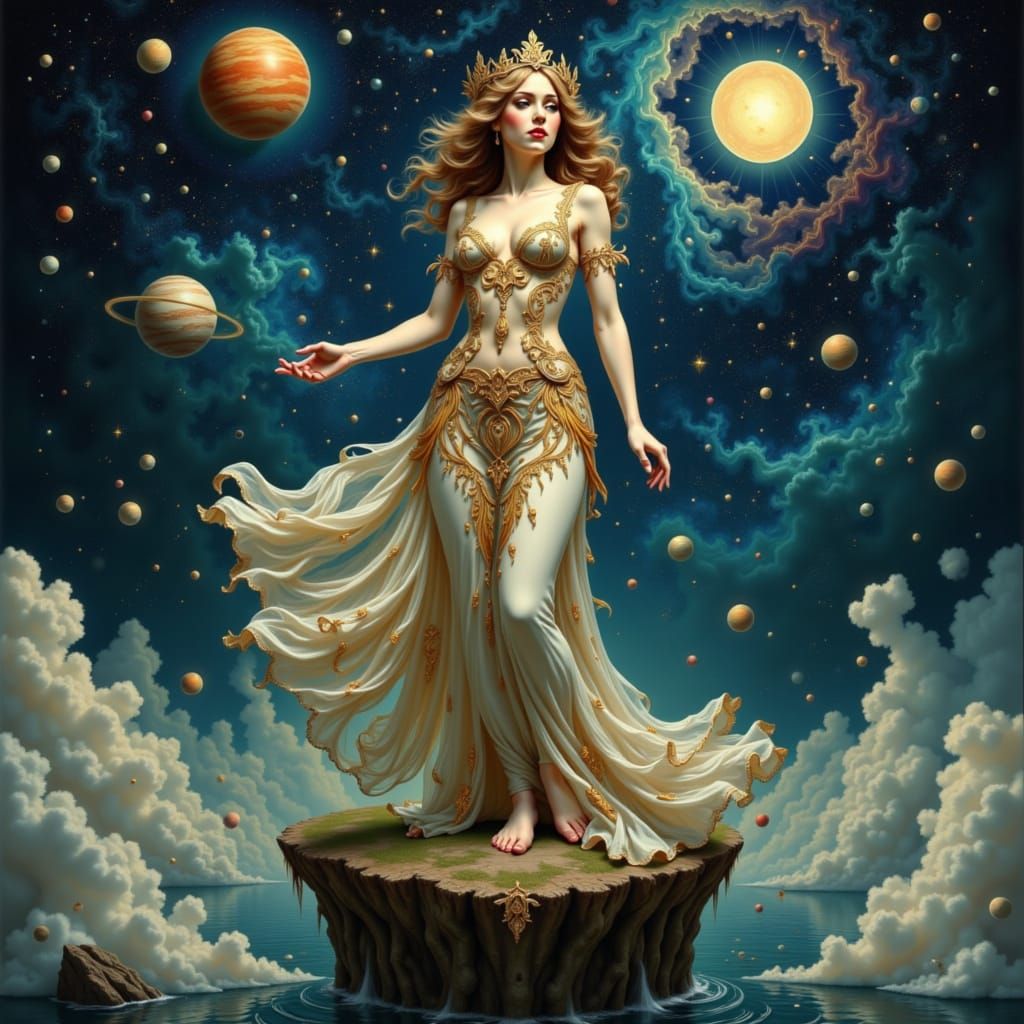 Celestial Being on Floating Island in Cosmic Ocean