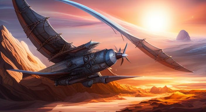 A steampunk aircraft with huge wings flying over a strange p...