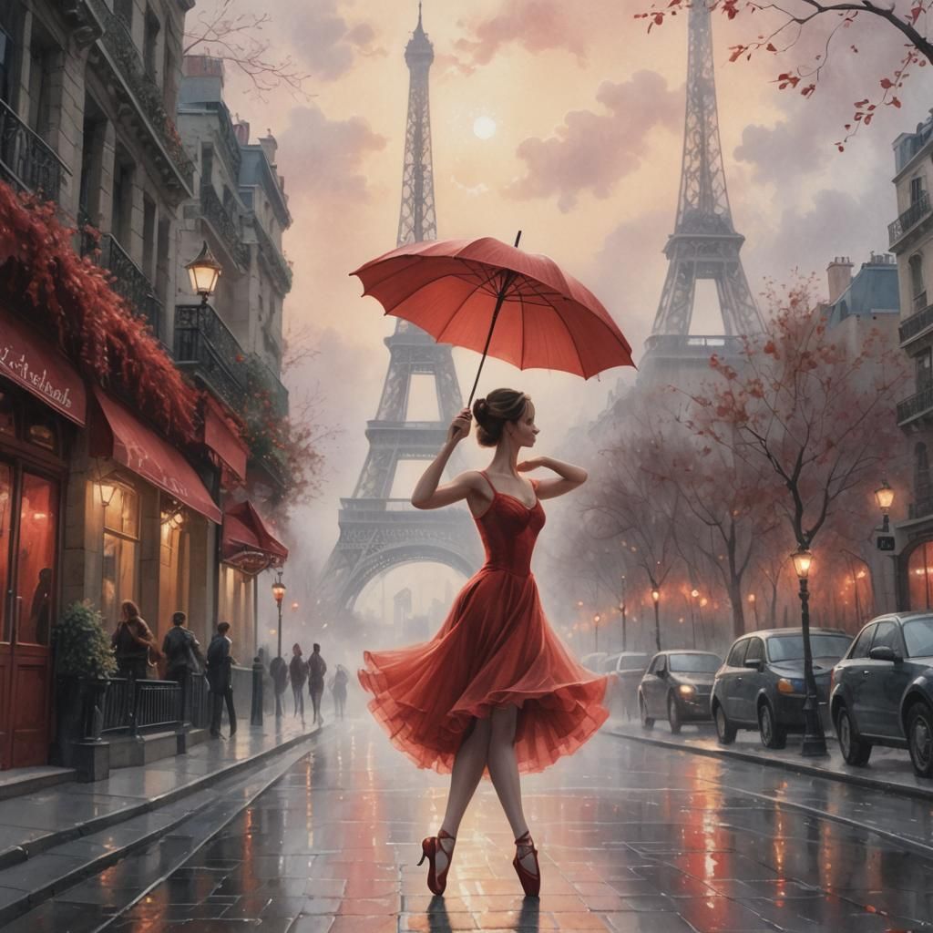 Ballet Dancer in Red Dress, Paris Streetscape