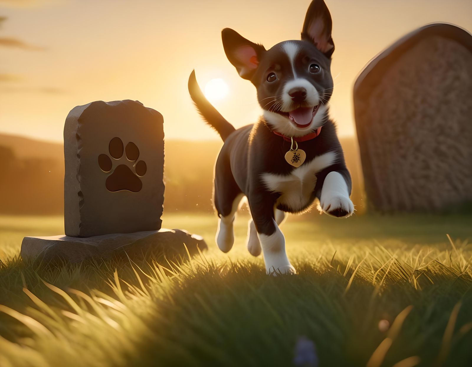 Puppy Runs Past Pawprint Gravestone at Golden Hour