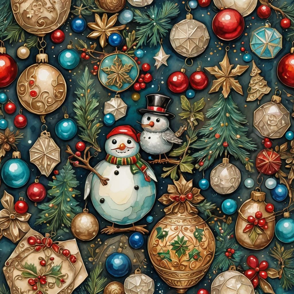 Vintage Christmas Collage in Folk Art Alcohol Ink Style