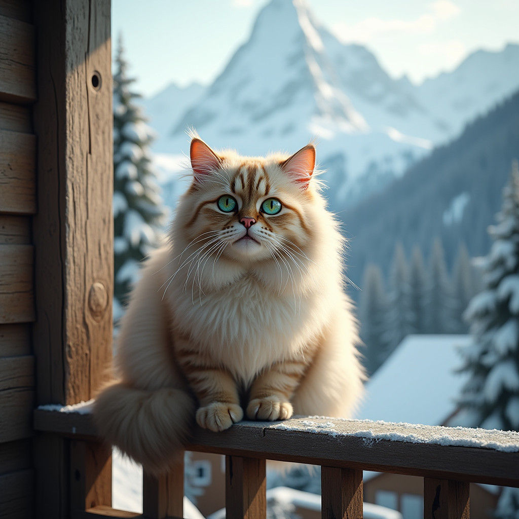 Siberian Cat on Alpine Balcony in Digital Art Style